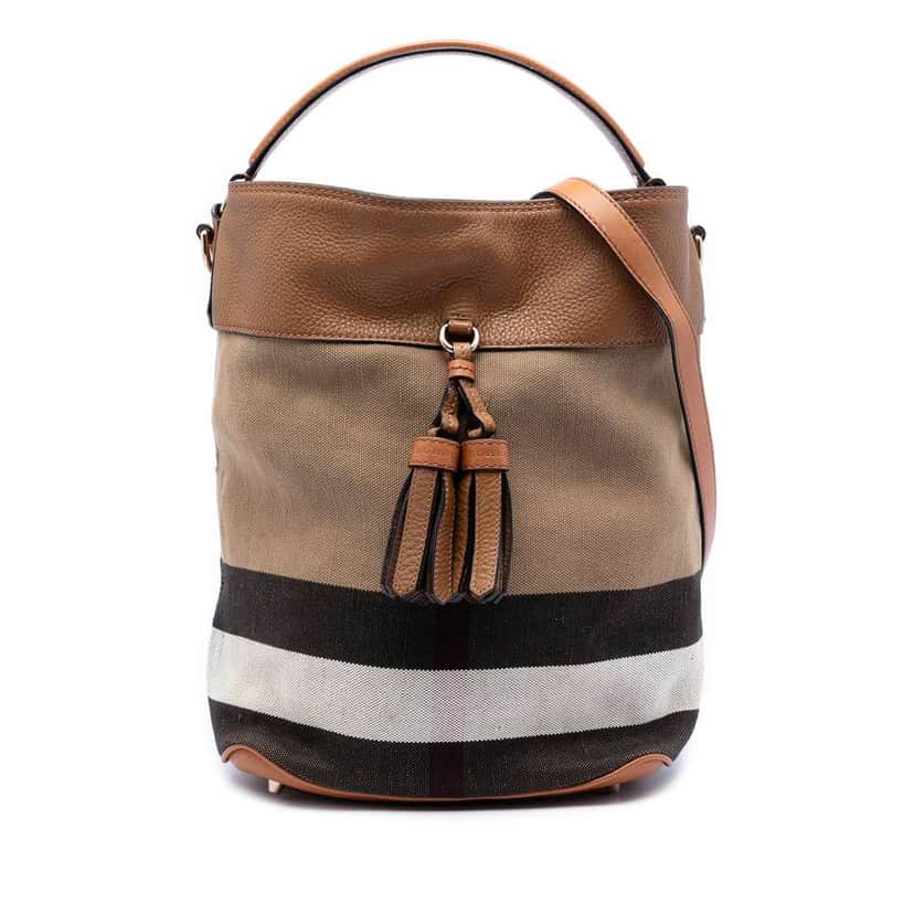 Burberry Medium Mega Check Canvas and Grained Calfskin Ashby Tassel Bucket Bag Brown Canvas Very good condition - Front View