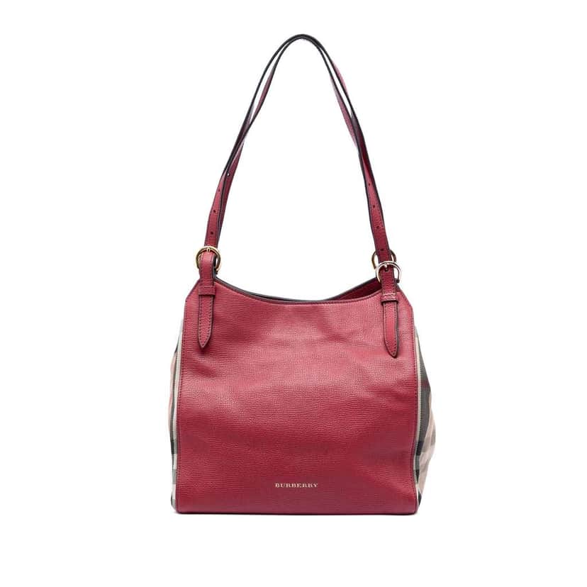 Burberry Small Leather and House Check Canvas Canterbury Tote Red Leather Very good condition - Front View