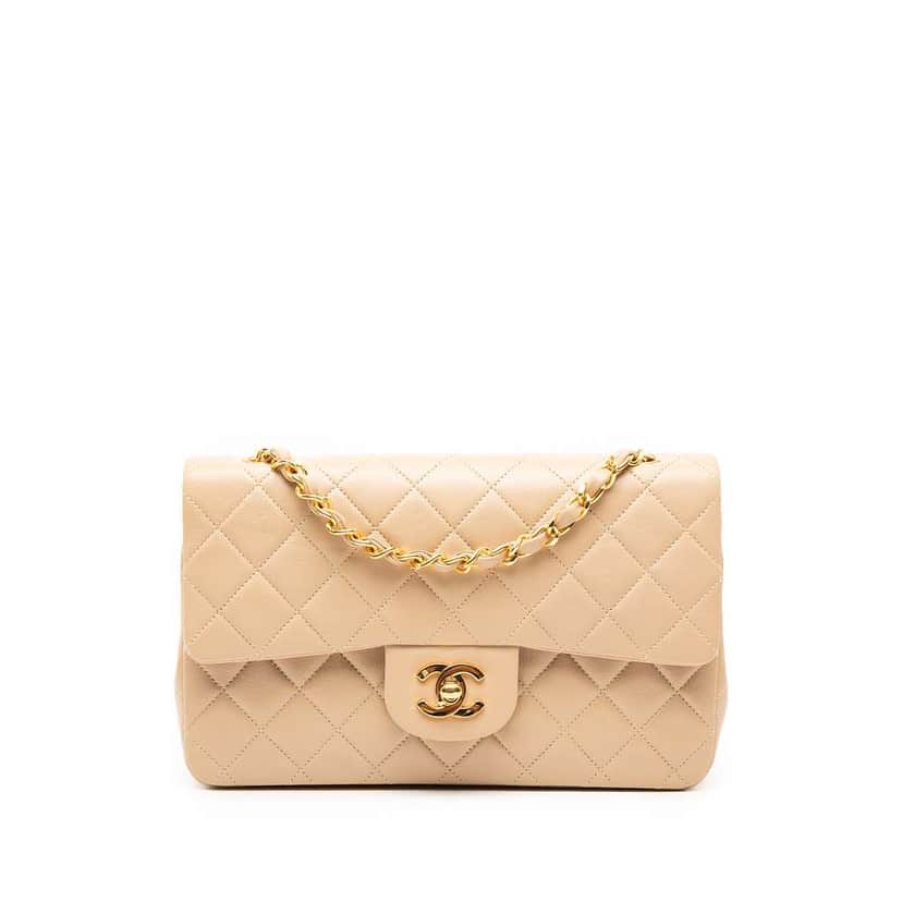 Chanel Small Classic Lambskin Double Flap Beige Leather Very good condition - Front View