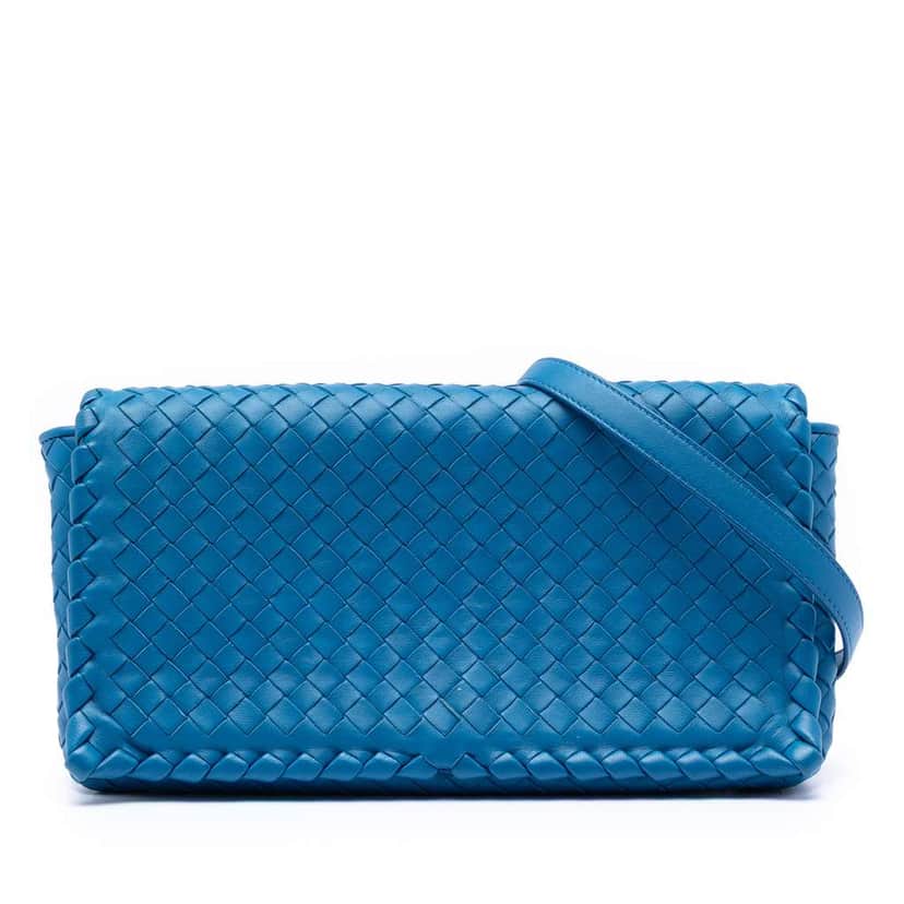 Bottega Veneta Nappa Intrecciato Flap Crossbody Blue Leather Very good condition - Front View