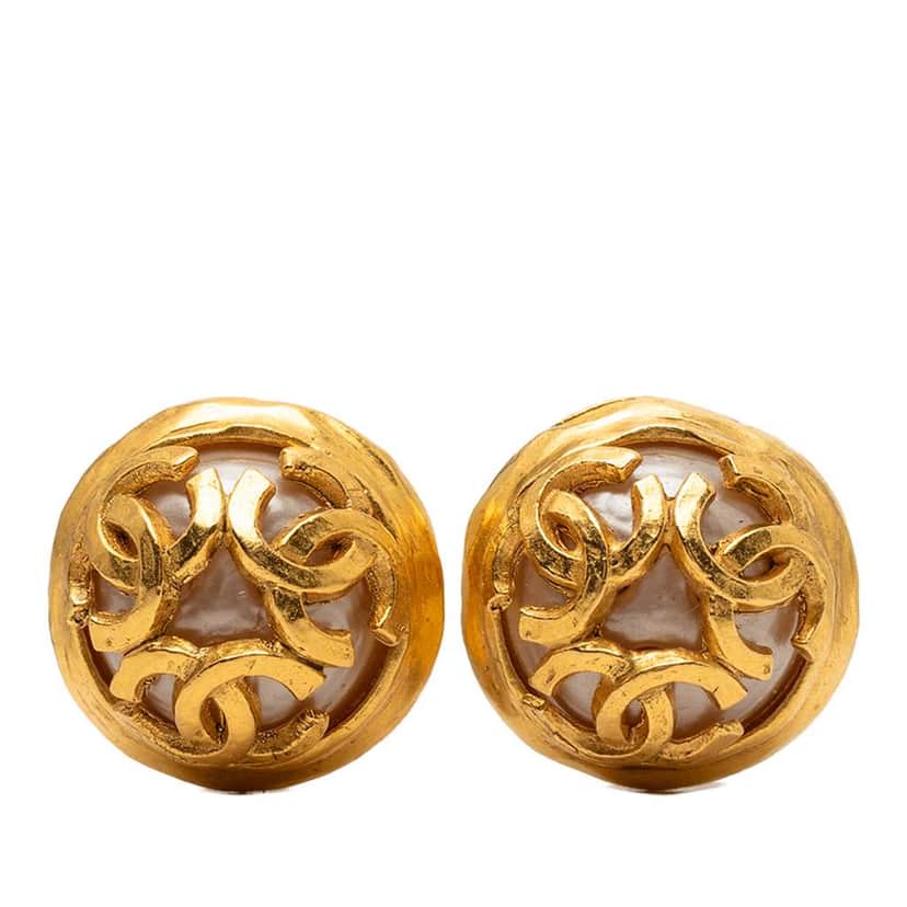 Chanel CC Gold Plated Faux Pearl Clip On Earrings Gold Metal Very good condition - Front View