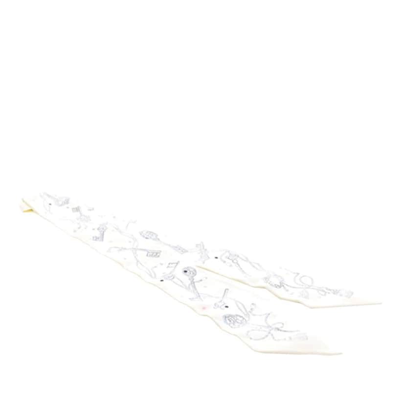 Hermès Les Cles a Pois Silk Twilly Scarf White Silk Very good condition - Front View