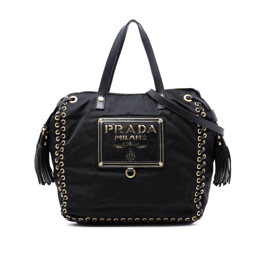 Prada Tessuto Whipstitched Logo Oro Tassel Satchel Black Very good condition - Front View