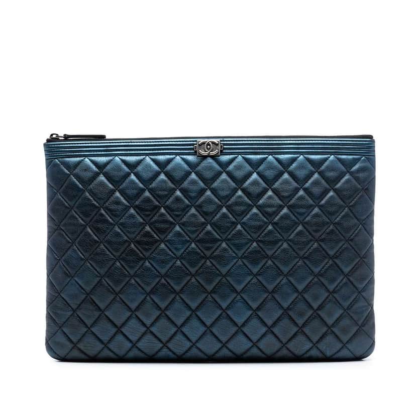 Chanel Large Quilted Metallic Lambskin Boy O Case Clutch Blue Leather Very good condition - Front View