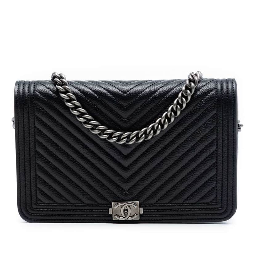 Chanel Chevron Caviar Boy Wallet On Chain Black Leather Very good condition - Front View