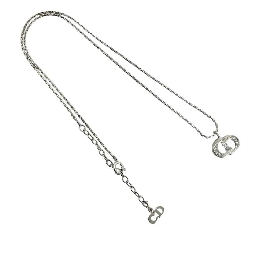 Dior Brass and Strass CD Logo Pendant Necklace Silver Brass Very good condition - Front View