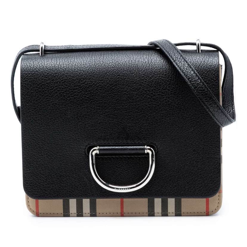 Burberry Small House Check Trimmed Goatskin D Ring Crossbody Black Leather Very good condition - Front View