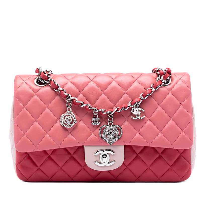 Chanel Medium Classic Tricolor Lambskin Valentines Heart Charms Single Flap Pink Leather Very good condition - Front View