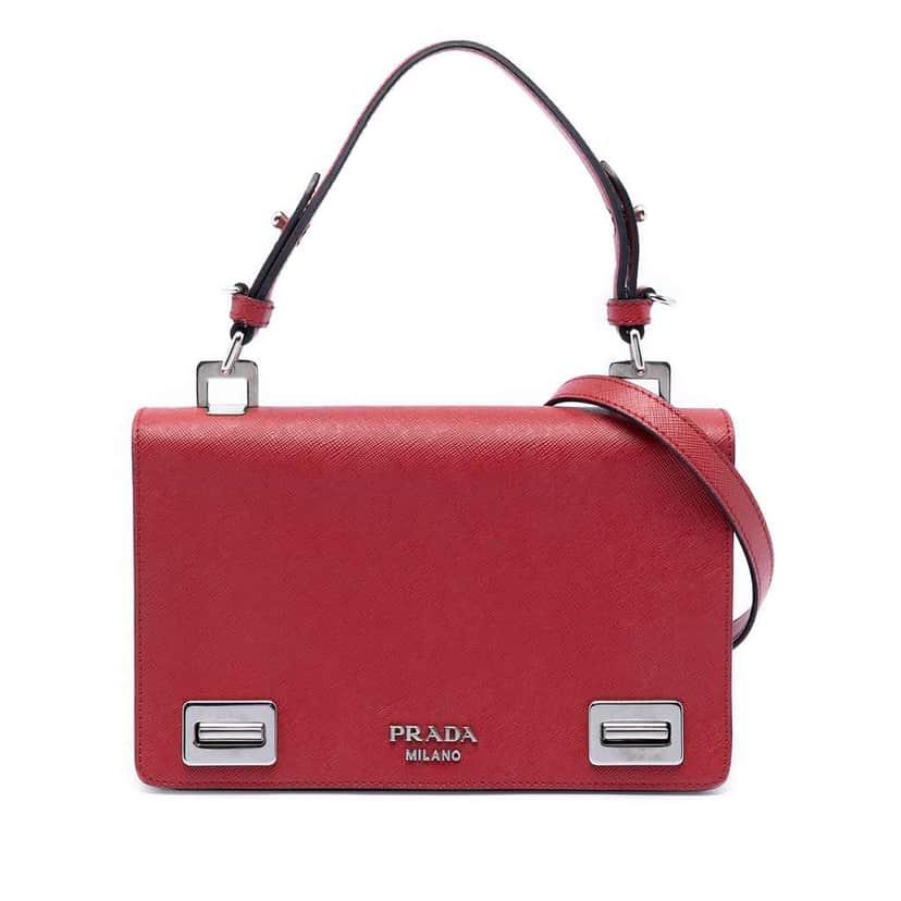Prada Saffiano Double Turn Lock Top Handle Bag Red Leather Very good condition - Front View