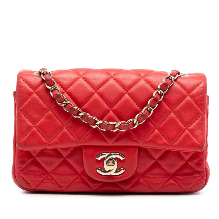 Chanel Mini Rectangular Classic Lambskin Single Flap Red Leather Very good condition - Front View