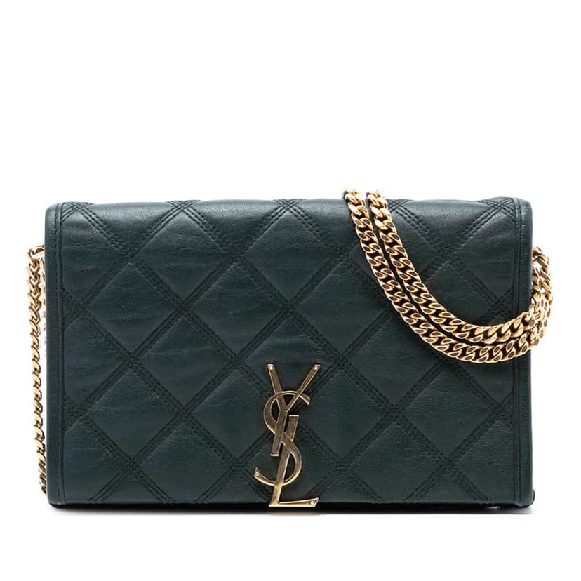 Saint Laurent Quilted Lambskin Diamond Becky Chain Wallet Green Leather Very good condition - Front View