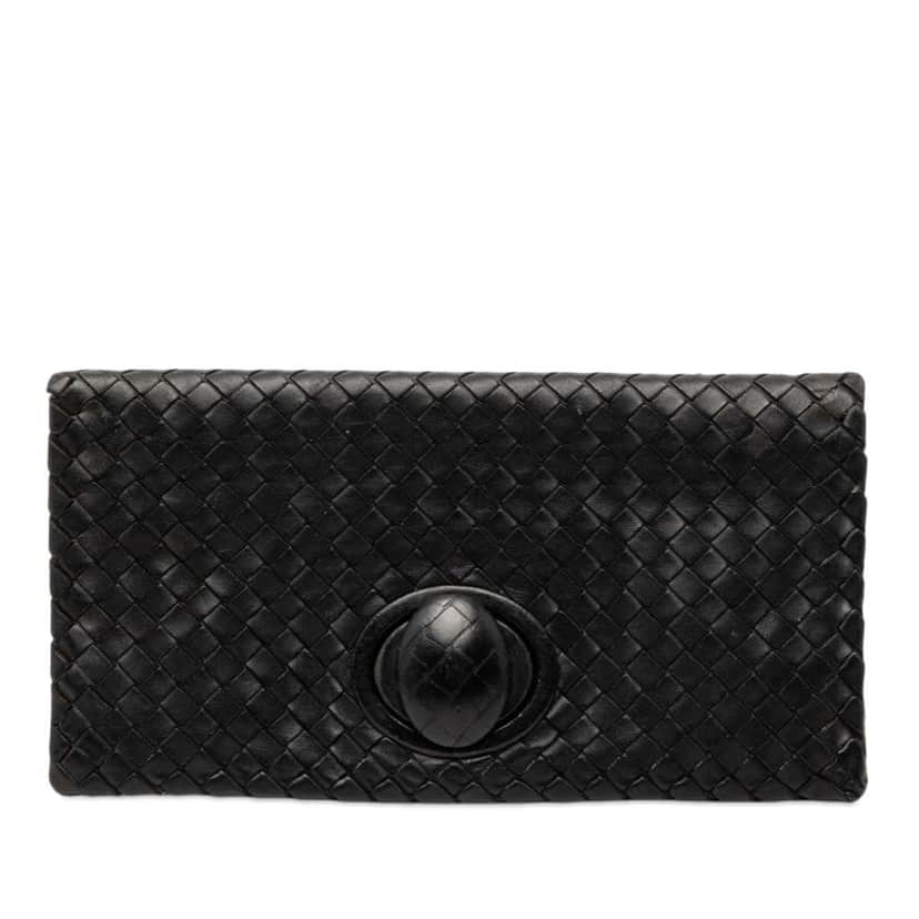 Bottega Veneta Nappa Intrecciato Turn Lock Clutch Black Leather Very good condition - Front View