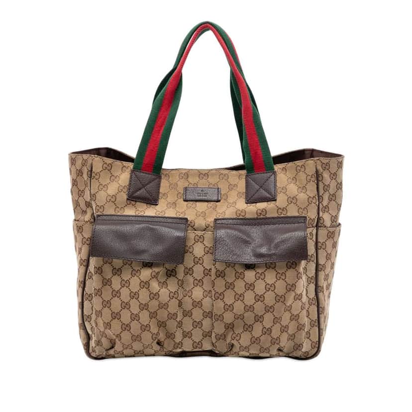 Gucci GG Canvas Web Double Pockets Tote Beige Canvas Very good condition - Front View