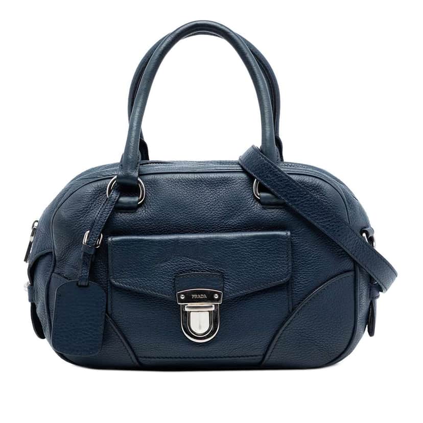 Prada Vitello Daino Front Pocket Boston Bag Blue Leather Very good condition - Front View