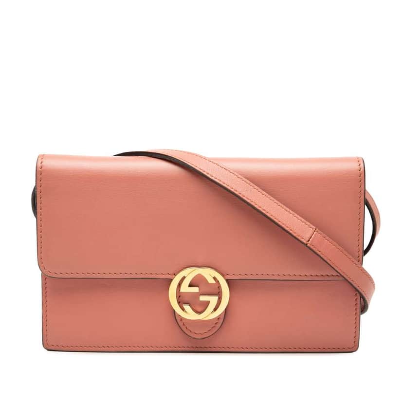 Gucci Leather Interlocking G Dollar Wallet On Strap Pink Leather Very good condition - Front View