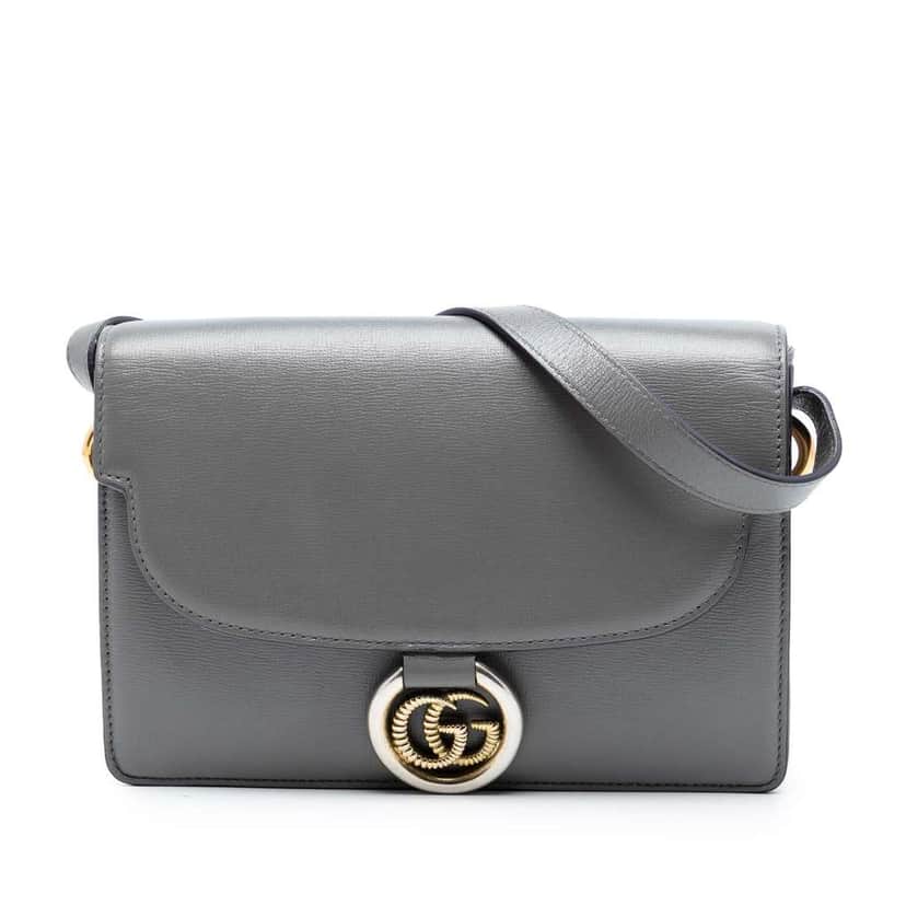 Gucci Small Textured Calfskin GG Ring Torchon Crossbody Grey Leather Very good condition - Front View