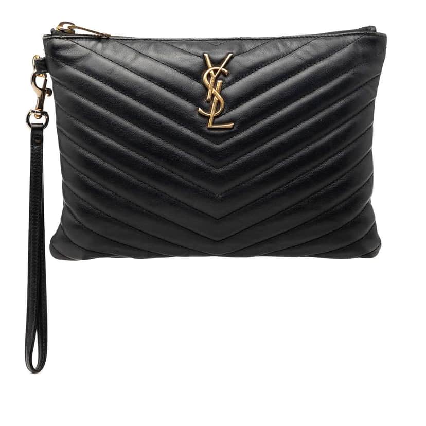 Saint Laurent Chevron Leather Monogram Zip A5 Wristlet Pouch Black Leather Very good condition - Front View