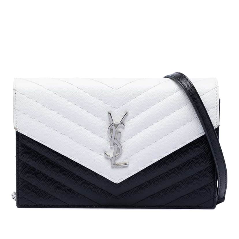 Saint Laurent Bicolor Grain De Poudre Chevron Monogram Envelope Chain Wallet Black Leather Very good condition - Front View