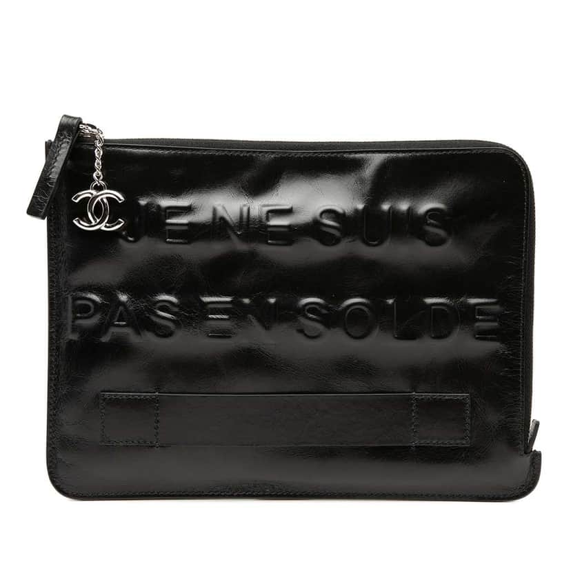 Chanel Distressed Calfskin Je Ne Suis Pas En Solde Clutch Black Leather Very good condition - Front View