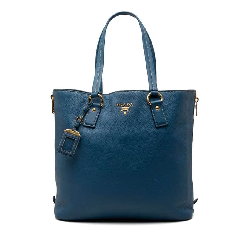 Prada Vitello Daino Side Zip Shopper Tote Blue Leather Very good condition - Front View