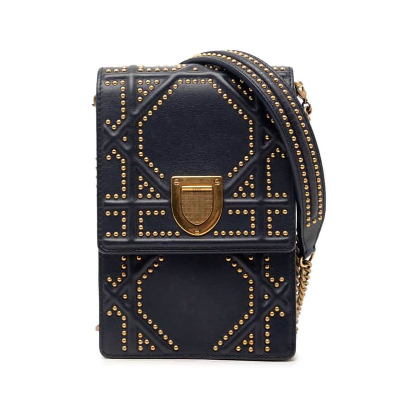 Dior Studded Lambskin Vertical Diorama Crossbody Blue Leather Very good condition - Front View