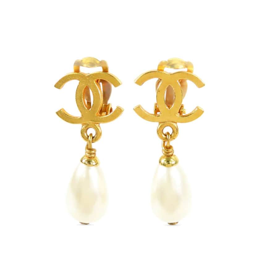 Chanel CC Gold Plated Faux Pearl Dangle Clip On Earrings Gold Metal Very good condition - Front View