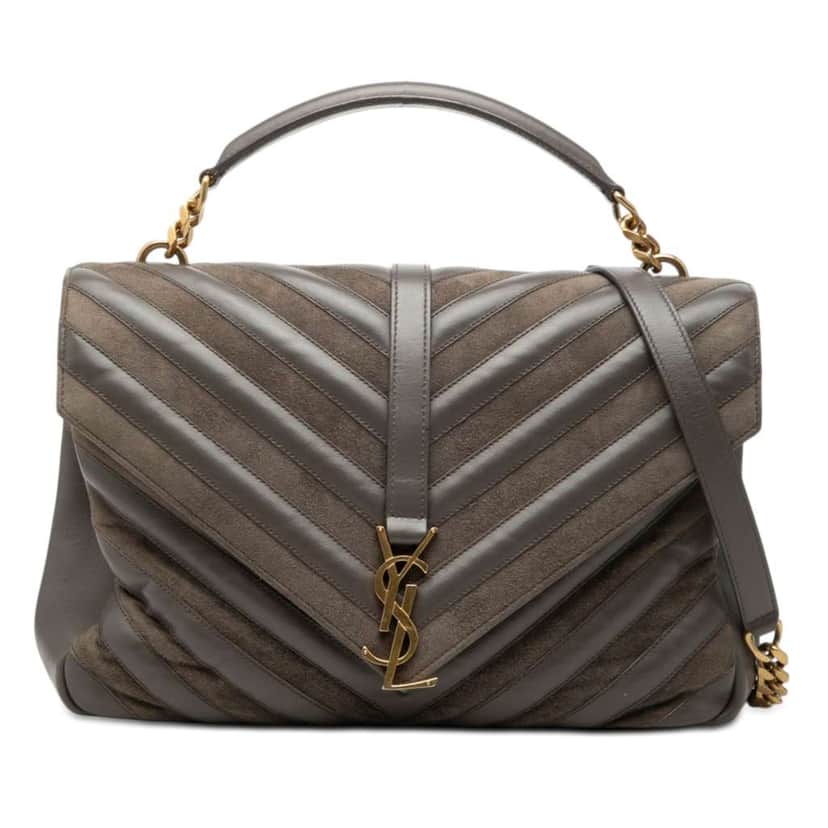Saint Laurent Large Calfskin and Suede Chevron Monogram College Satchel Grey Leather Very good condition - Front View
