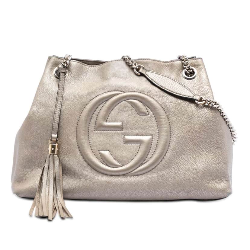 Gucci Medium Metallic Leather Soho Chain Tote Silver Leather Very good condition - Front View