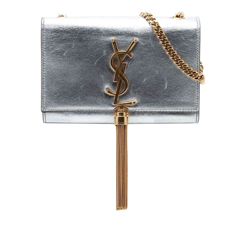 Saint Laurent Small Metallic Calfskin Monogram Kate Tassel Crossbody Silver Leather Very good condition - Front View