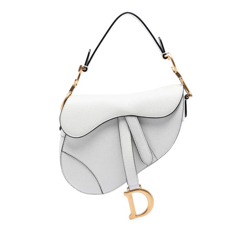 Dior Mini Grained Calfskin Saddle Bag White Leather Very good condition - Front View