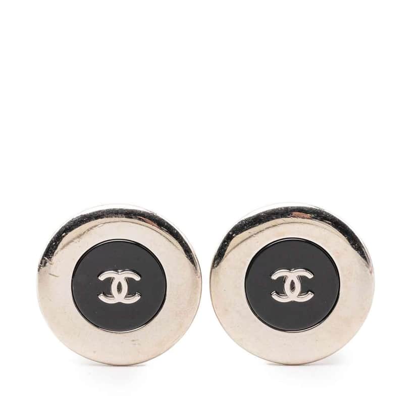 Chanel Silver Plated and Enamel CC Button Clip On Earrings Silver Metal Very good condition - Front View
