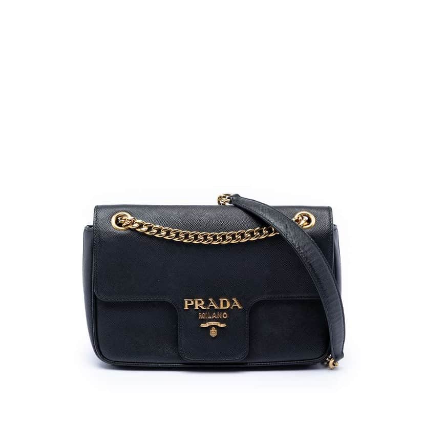 Prada Saffiano Pattina Chain Crossbody Black Leather Very good condition - Front View