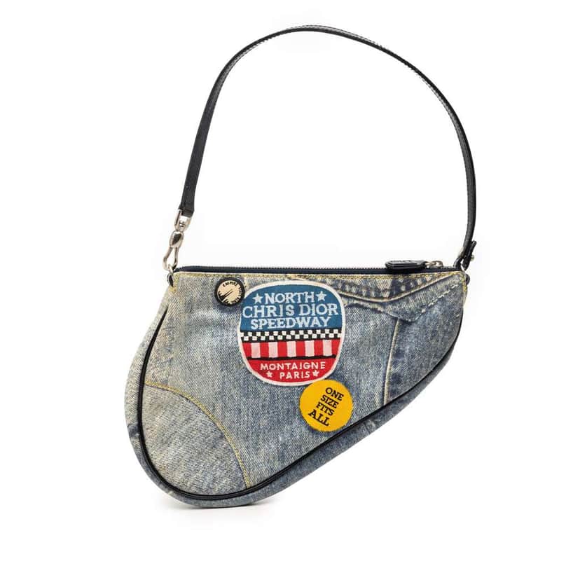 Dior Mini Canvas Printed Denim Speedway Saddle Pochette Blue Denim Very good condition - Front View