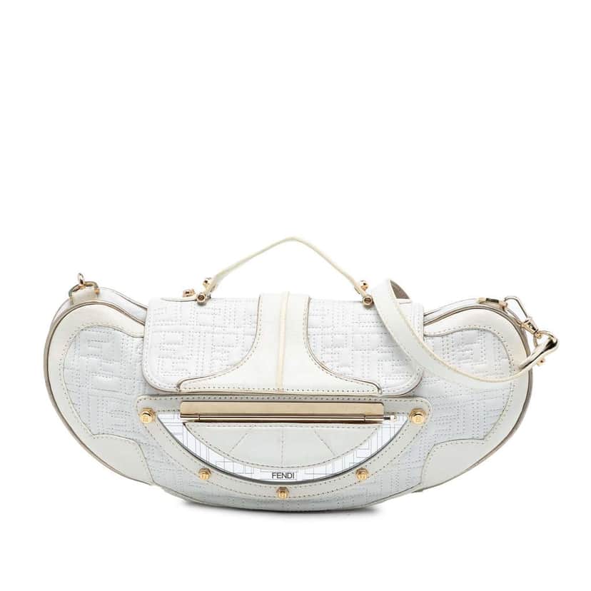Fendi Zucca Stitched Leather Mirrored Vanity Bag White Leather Very good condition - Front View