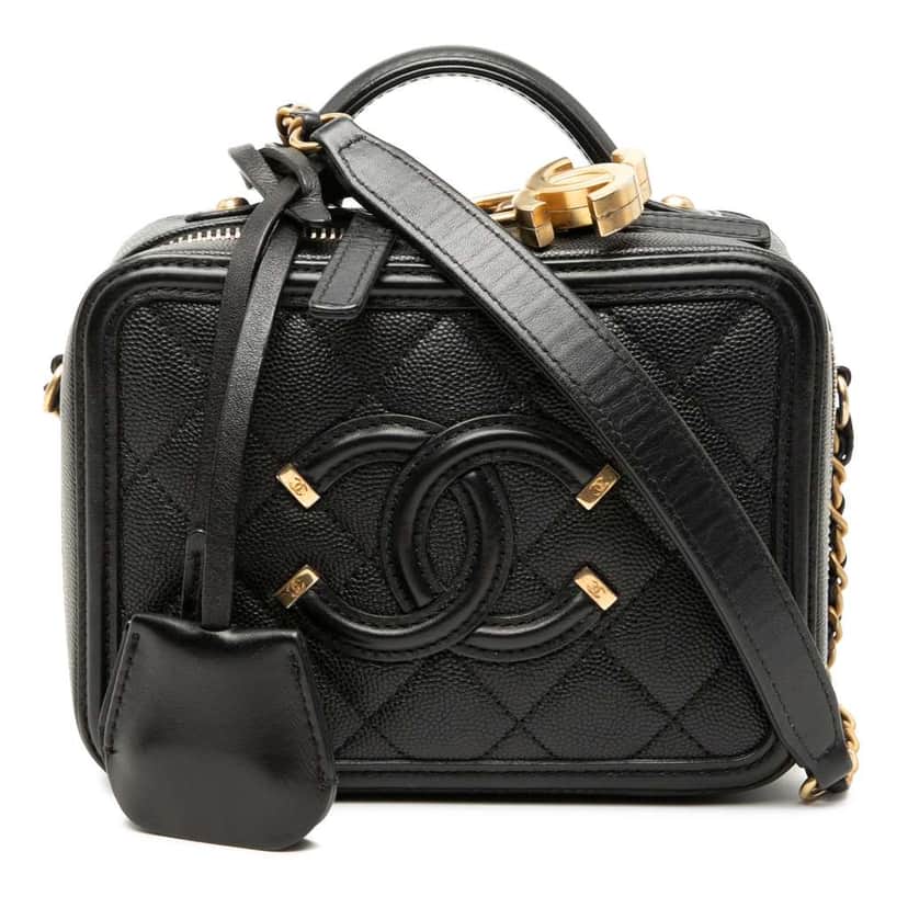 Chanel Small Caviar CC Filigree Vanity Case Black Leather Very good condition - Front View