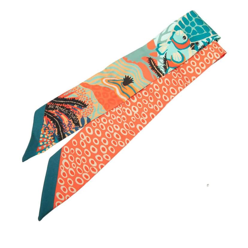 Hermès Under the Waves Silk Twilly Scarf Orange Silk Very good condition - Front View