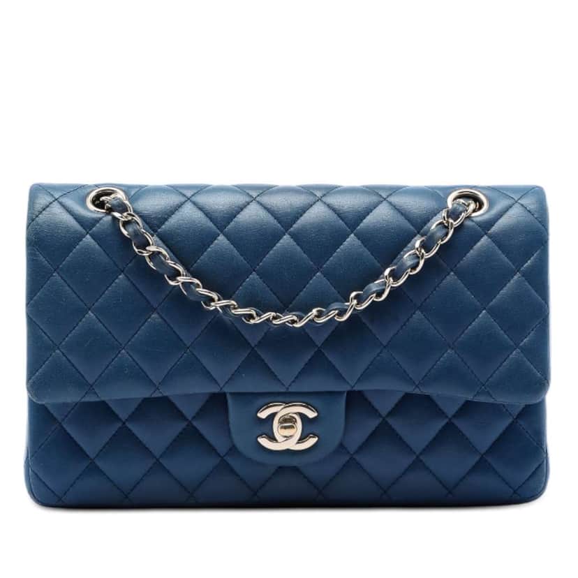 Chanel Medium Classic Lambskin Double Flap Blue Leather Very good condition - Front View