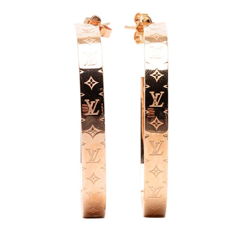 Louis Vuitton Rose Gold Plated Nanogram Hoop Push Back Earrings Pink Rose Gold Very good condition - Front View