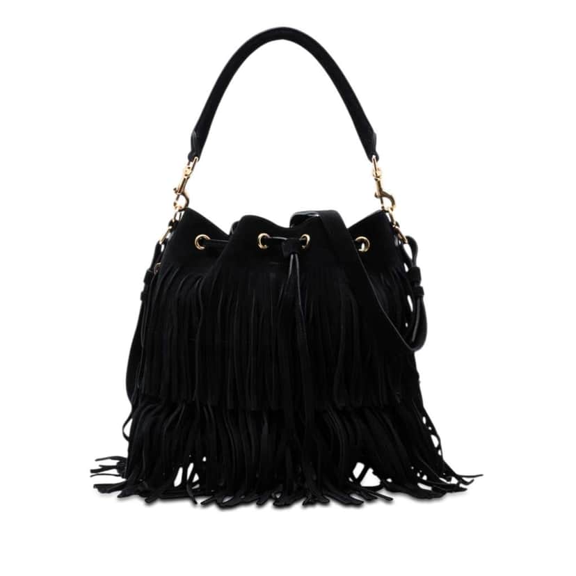 Saint Laurent Small Suede Emmanuelle Fringe Bucket Bag Black Leather Very good condition - Front View