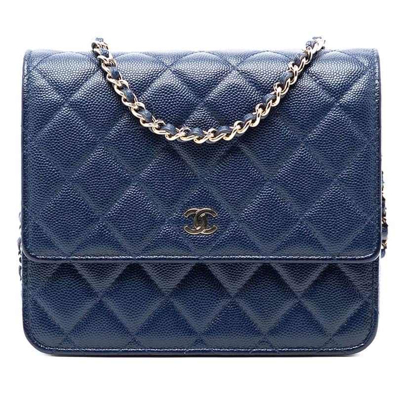 Chanel CC Square Quilted Caviar Wallet on Chain Blue Leather Very good condition - Front View