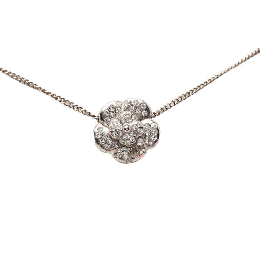 Chanel Gold Plated CC Strass Camellia Pendant Necklace Gold Metal Very good condition - Front View