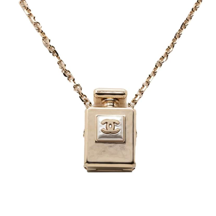 Chanel CC Gold Plated Perfume Bottle Locket Pendant Necklace Gold Metal Very good condition - Front View