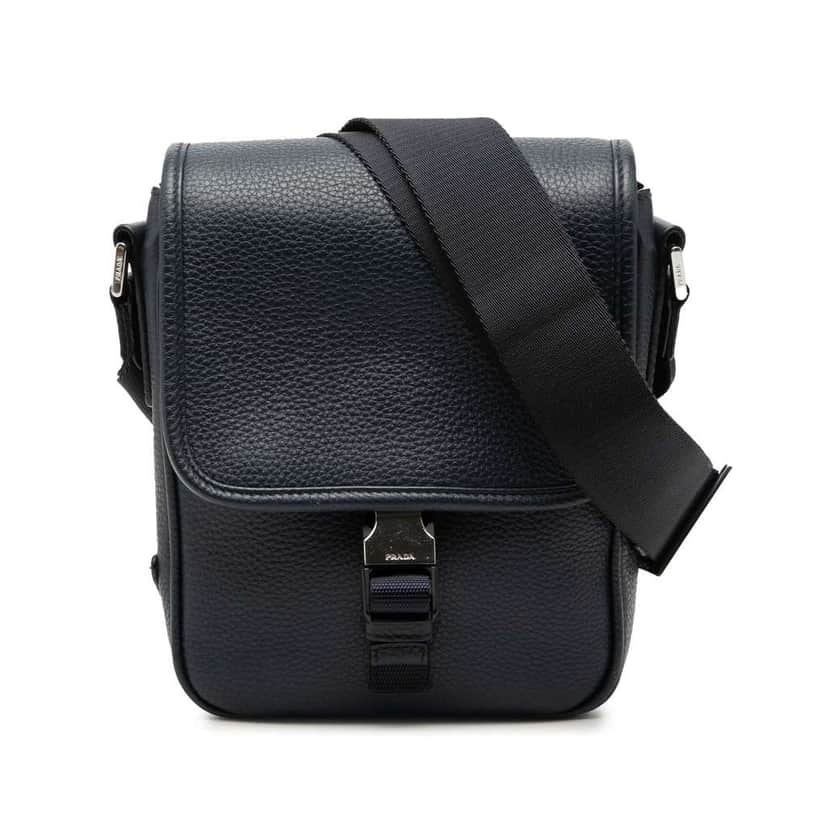 Prada Vitello Phenix Buckle Messenger Bag Blue Leather Very good condition - Front View