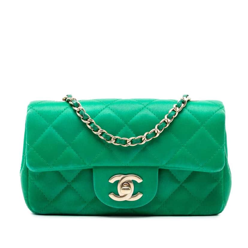 Chanel Extra Mini Rectangular Classic Satin Single Flap Green Satin Very good condition - Front View