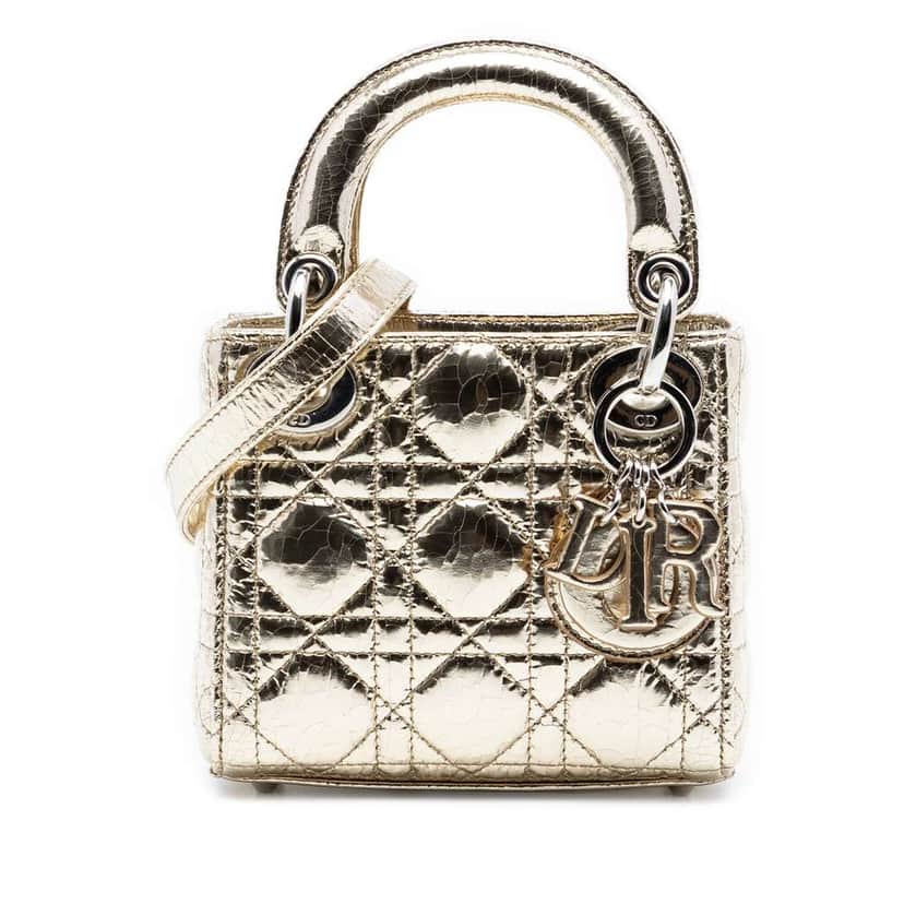 Dior Micro Metallic Crinkled Calfskin Cannage Lady Dior Gold Leather Very good condition - Front View