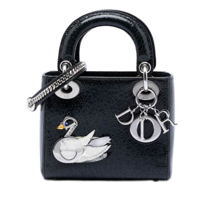 Dior Mini Deerskin Ceramic Effect Jeweled Swan Lady Dior Black Leather Very good condition - Front View