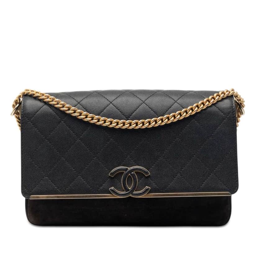 Chanel CC Stitched Caviar and Suede Lady Coco Flap Black Leather Very good condition - Front View