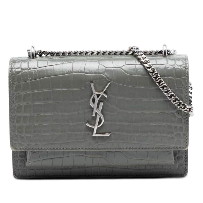 Saint Laurent Mini Croc Embossed Leather Monogram Sunset Wallet on Chain Grey Leather Good condition - Front View