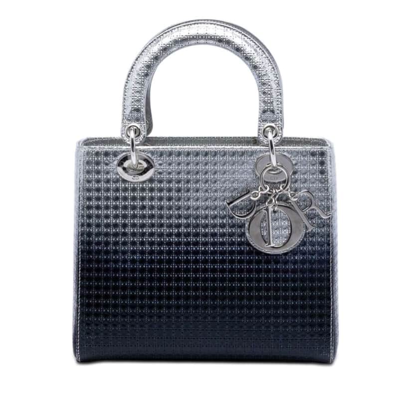 Dior Medium Ombre Metallic Patent Microcannage Lady Dior Silver Leather Very good condition - Front View