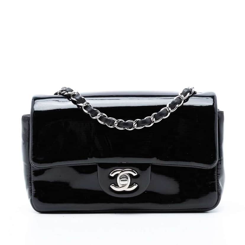 Chanel Mini Rectangular Classic Pure Patent Single Flap Black Leather Very good condition - Front View